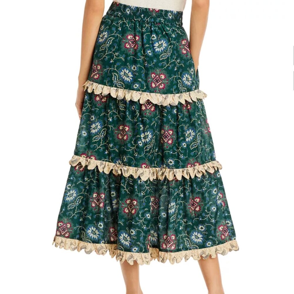 Sea New York Robina Floral Print Tiered Green Maxi Skirt with Lace Detail